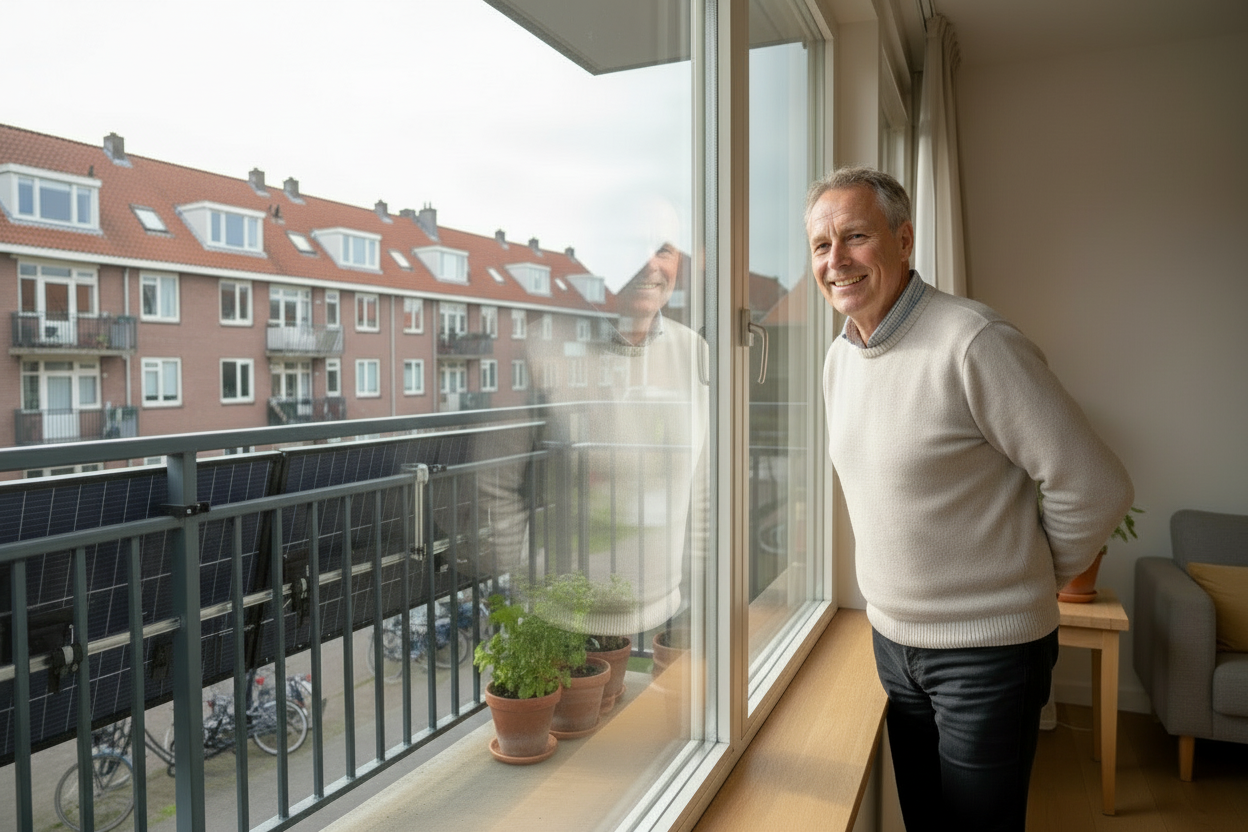 Man bij balcondeur met tevreden gezichtsuitdrukking