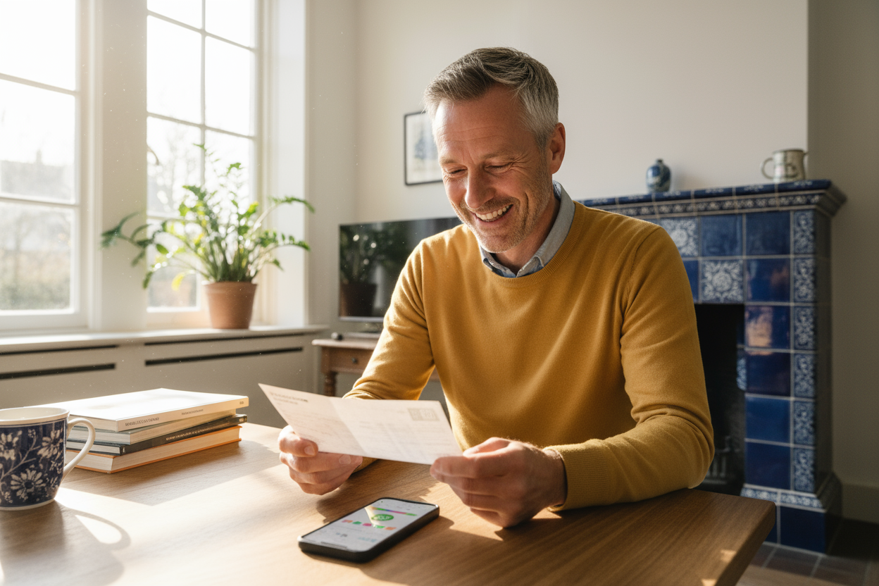 Glimlachende man van 55 jaar bekijkt energierekening met smartphone met energie-app